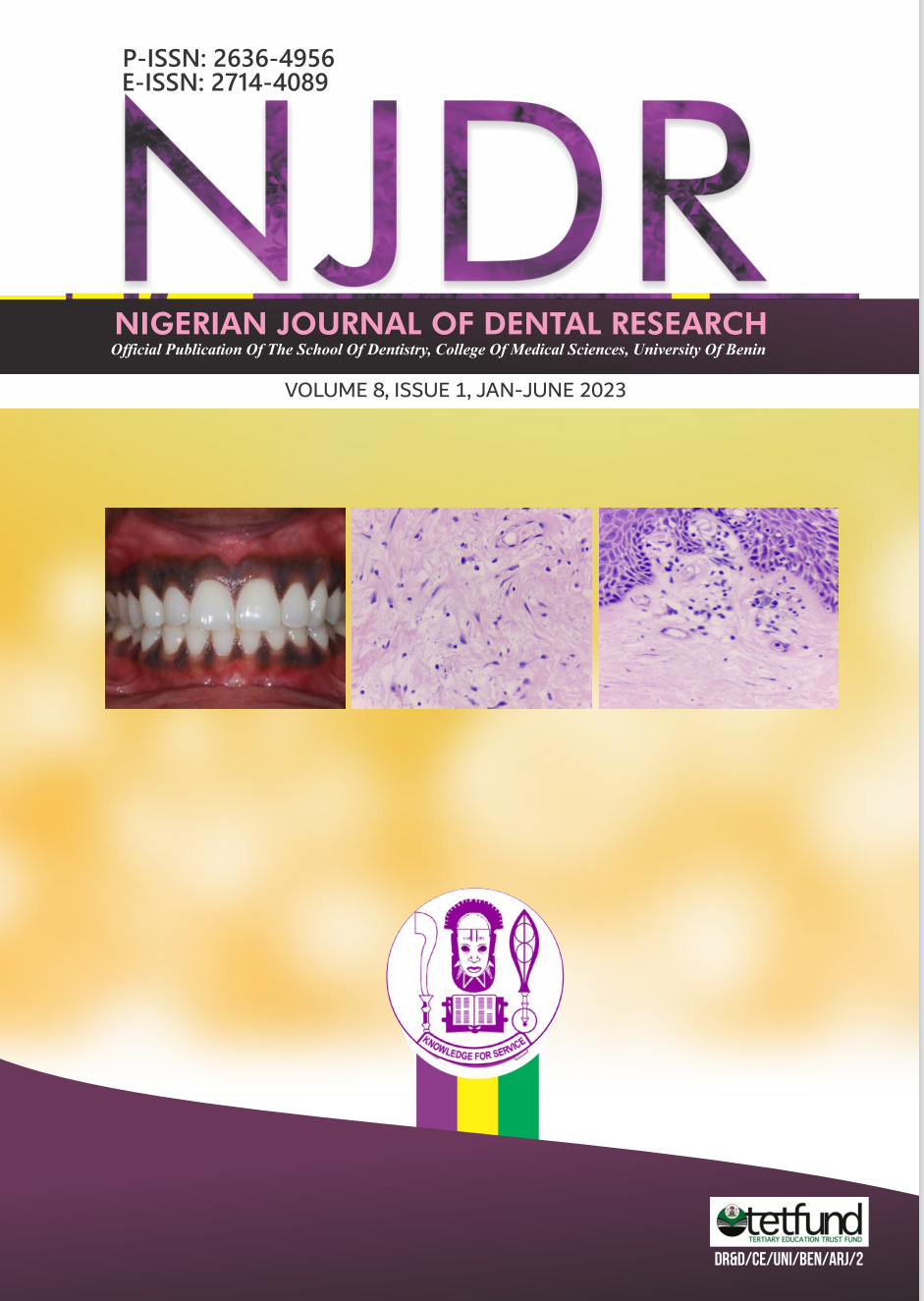 					View Vol. 8 No. 1 (2023): Nigerian Journal of Dental Research
				